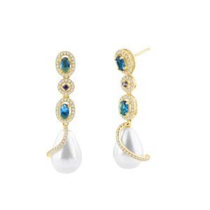 Silver 925 Gold Plated CZ Wrapped Synthetic Pearls CZ Dangling Earrings
